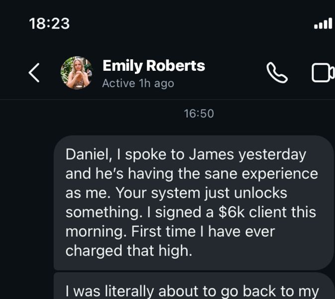 Direct message from Emily Roberts saying she signed a $6K client, the highest she has ever charged.