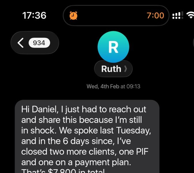 Message from Ruth saying she closed two more clients worth $7,800 within six days.