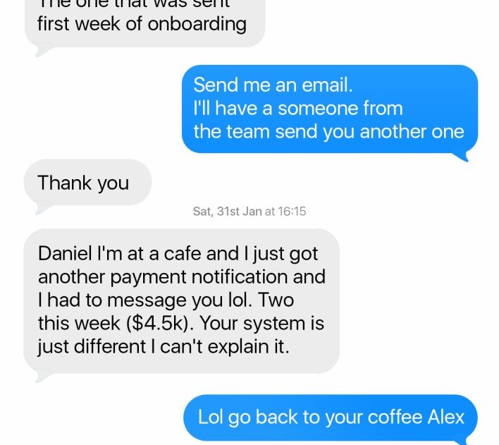 Message from Alex P saying he got another payment notification, two clients this week worth $4.5k.