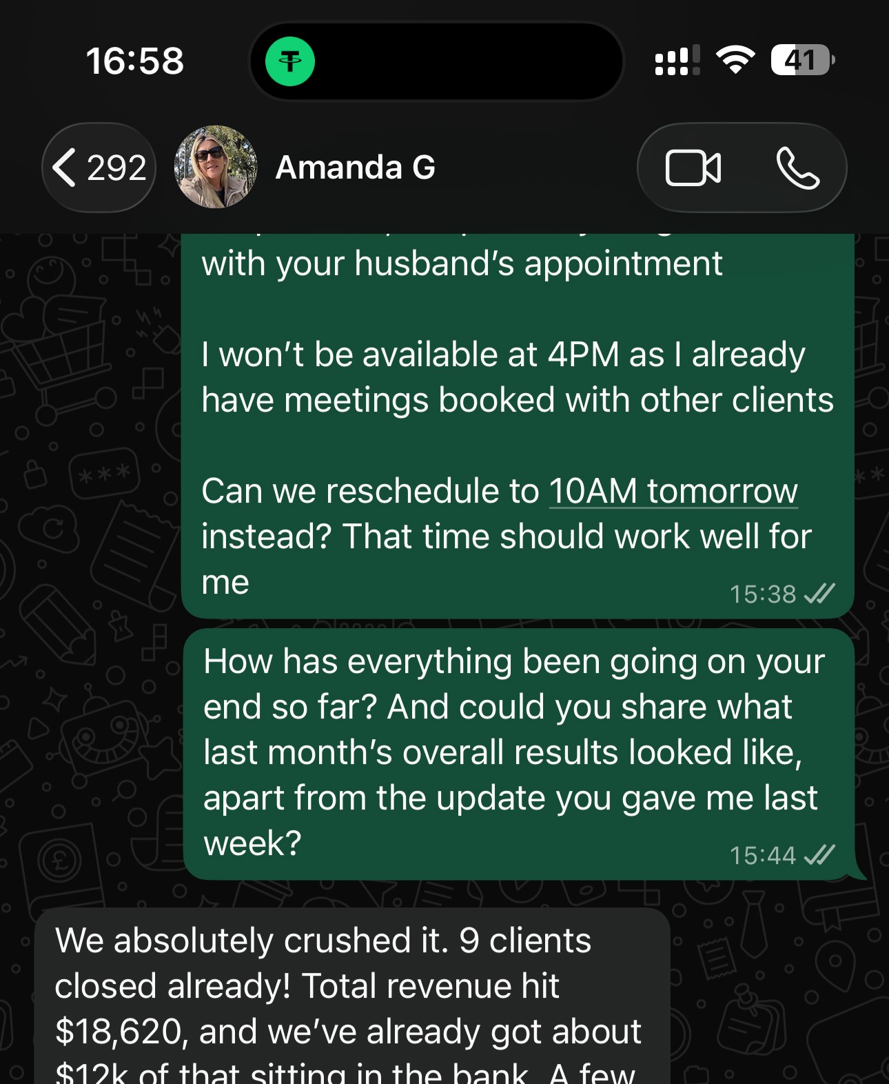 WhatsApp message from Amanda G saying she closed 9 clients and hit $18,620 in revenue.