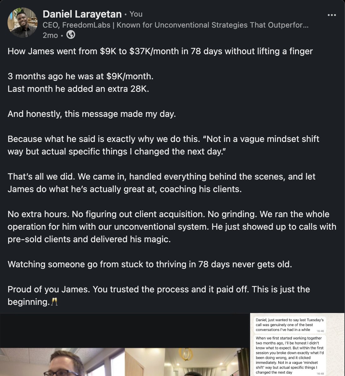 LinkedIn post from Daniel Larayetan about a client who went from $9K to $37K per month in 78 days.