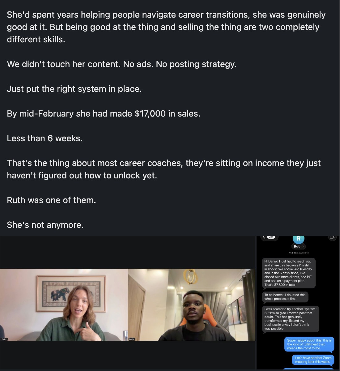 LinkedIn post from Daniel Larayetan about Ruth making $17,000 in sales in under six weeks.