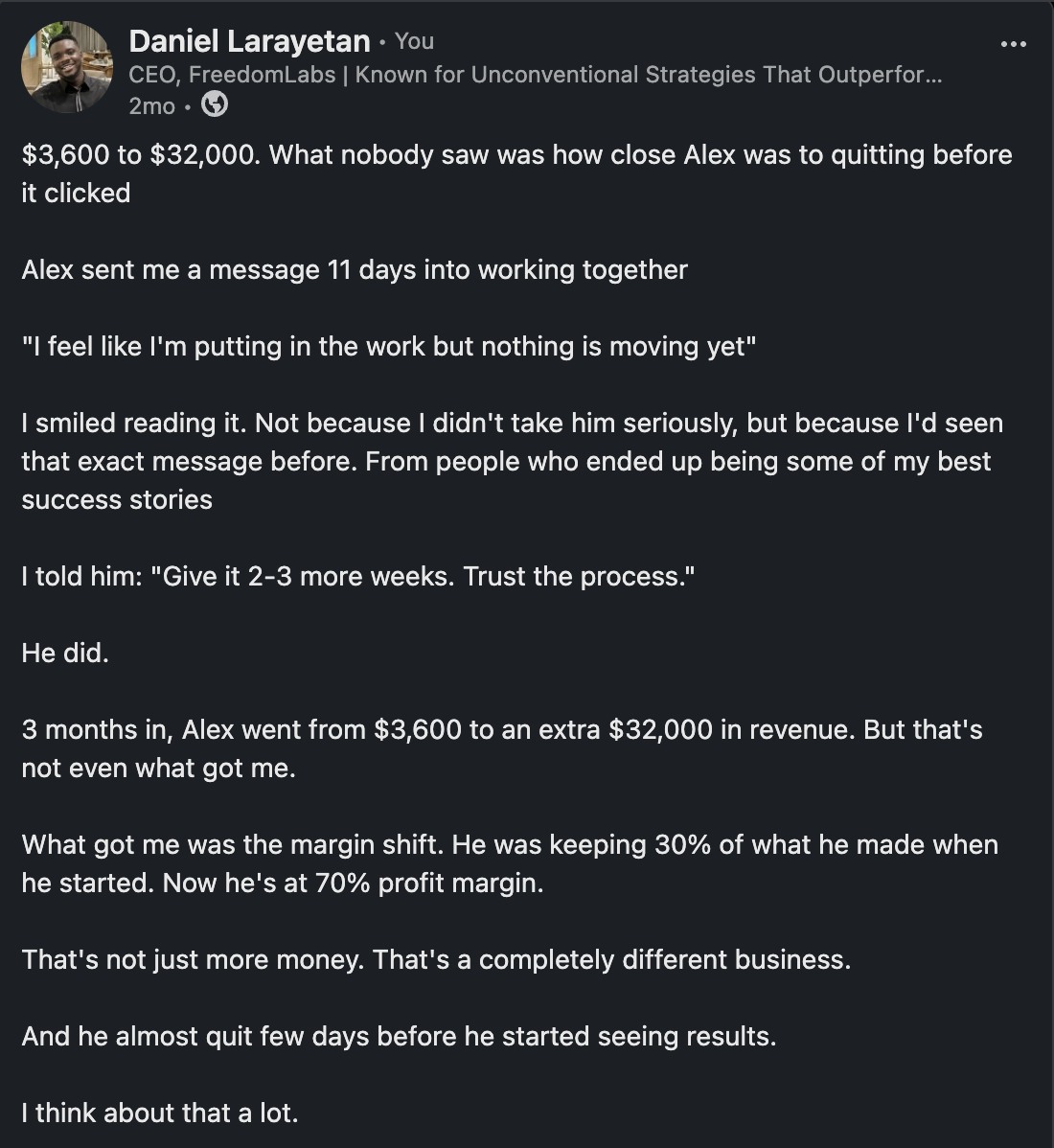 LinkedIn post from Daniel Larayetan about Alex going from $3,600 to an extra $32,000 in revenue and a 70% profit margin.